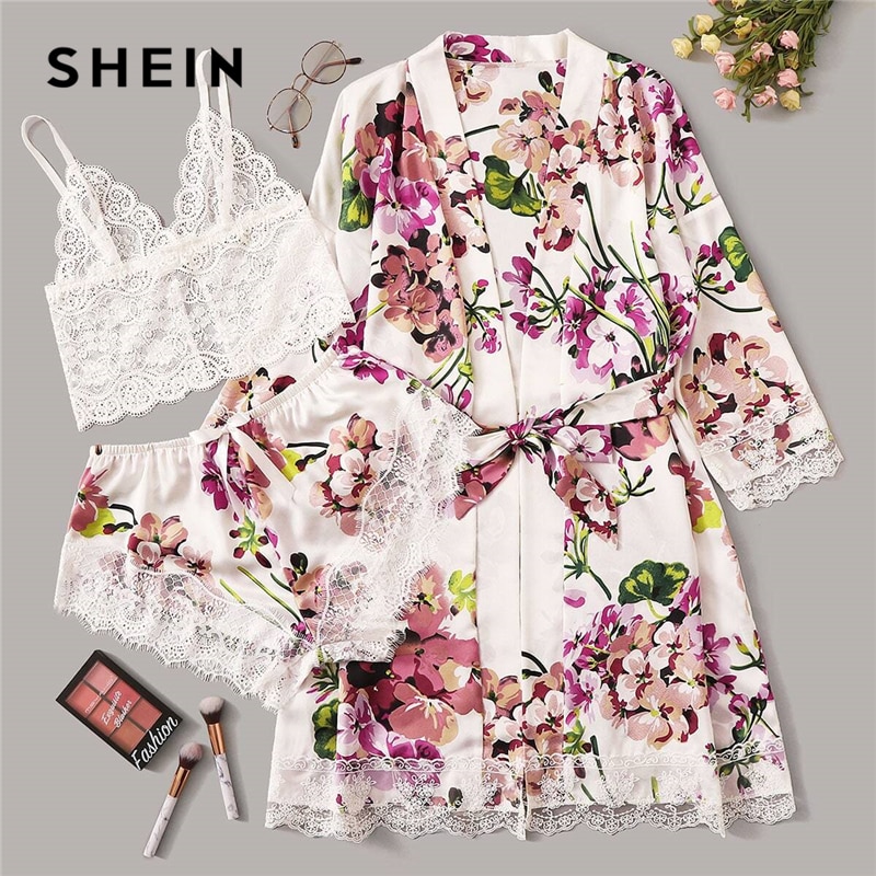 SHEIN, Bralette de encaje Floral Multicolor con pantalones cortos de satén y bata con cinturón, conjunto de ropa de dormir para mujer, conjuntos de lencería Sexy