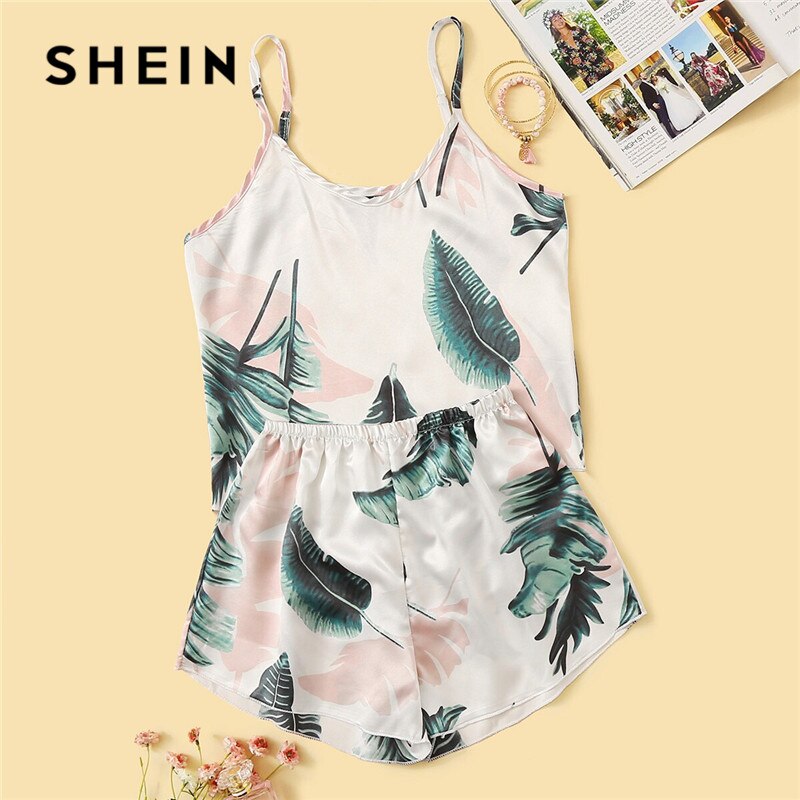 SHEIN estampado Tropical Conjunto de pijama de sat n mujer verano