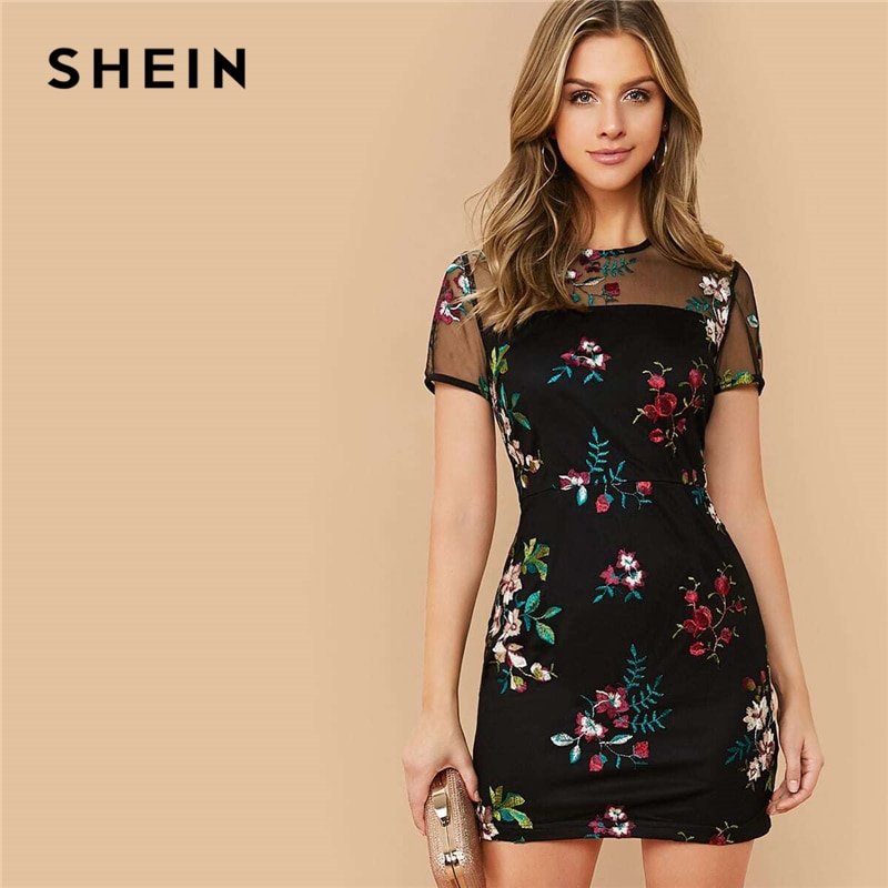 SHEIN elegante Vestido corto de flores en color negro de malla