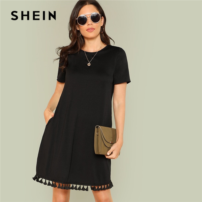 SHEIN-vestido de verano con bolsillos, con dobladillo y borlas, para mujer, verano 2019, con bolsillos, flecos, cambio de color sólido, tipo H, Túnica de mangas cortas