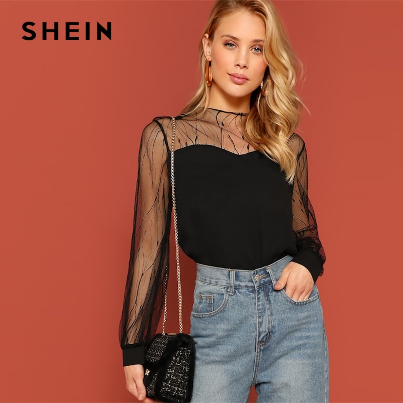 SHEIN Top de cuello de corazon de malla de contraste transparente negro Top de cuello redondo para mujer blusas y blusas lisas casuales de primavera y otono elegantes para mujer Ranero