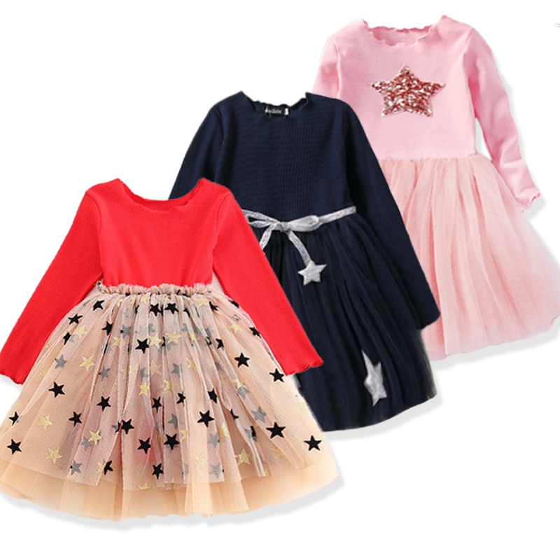  vestido suéter vestido de manga larga de Año Nuevo vestido de Navidad de moda de los niños vestido de princesa estrella roja