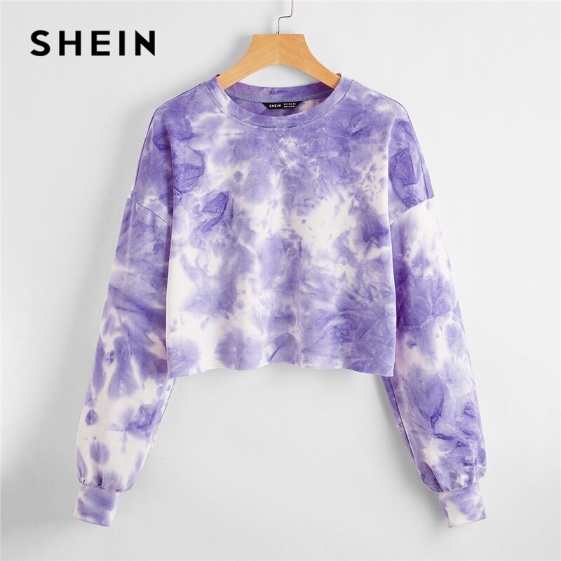 SHEIN Multicolor Drop hombro Tie Dye Crop Pullover mujeres s