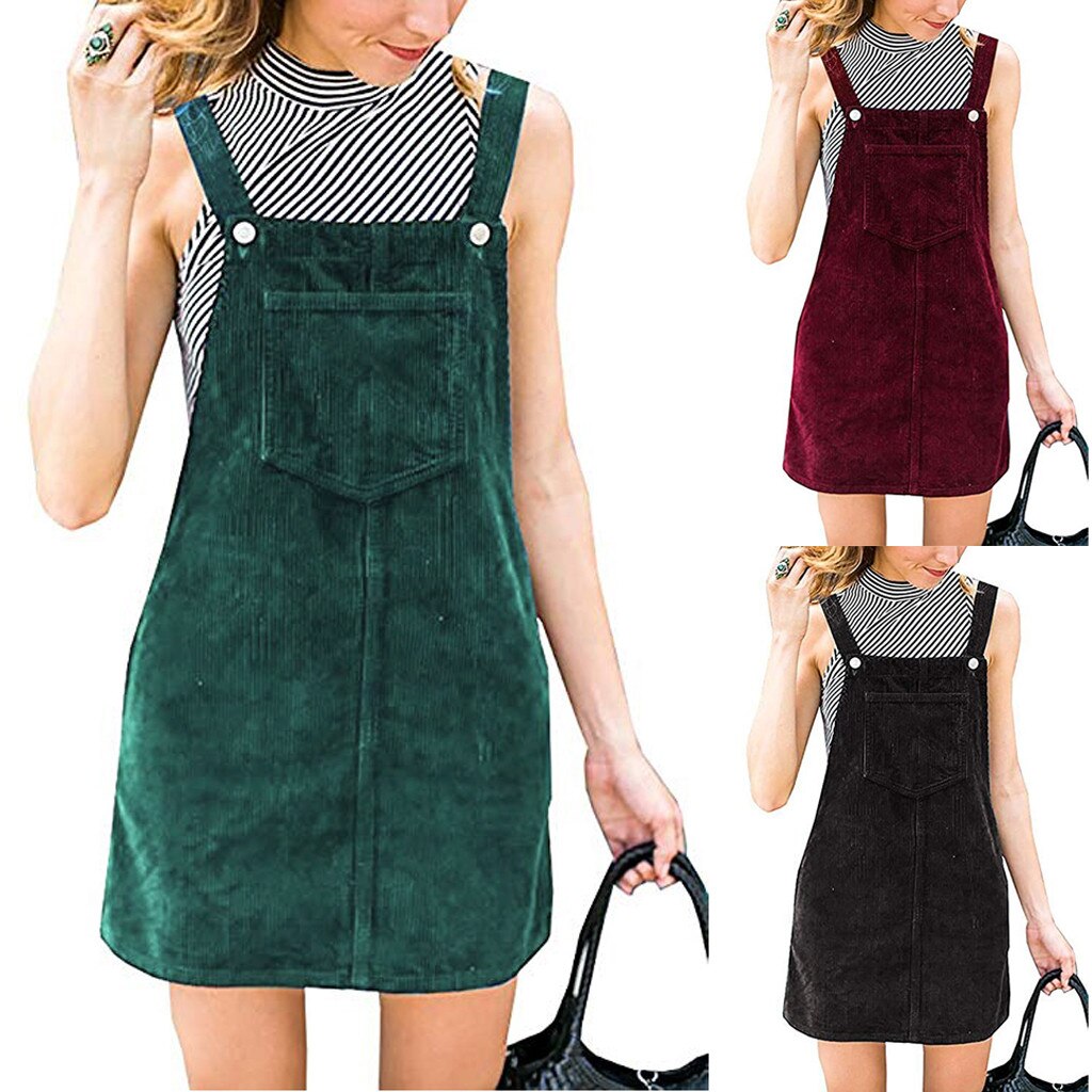 Vestido de tirantes de pana para mujer, Peto corto de PANA con tirantes rectos, bolsillo informal, estilo pijo, 7,14