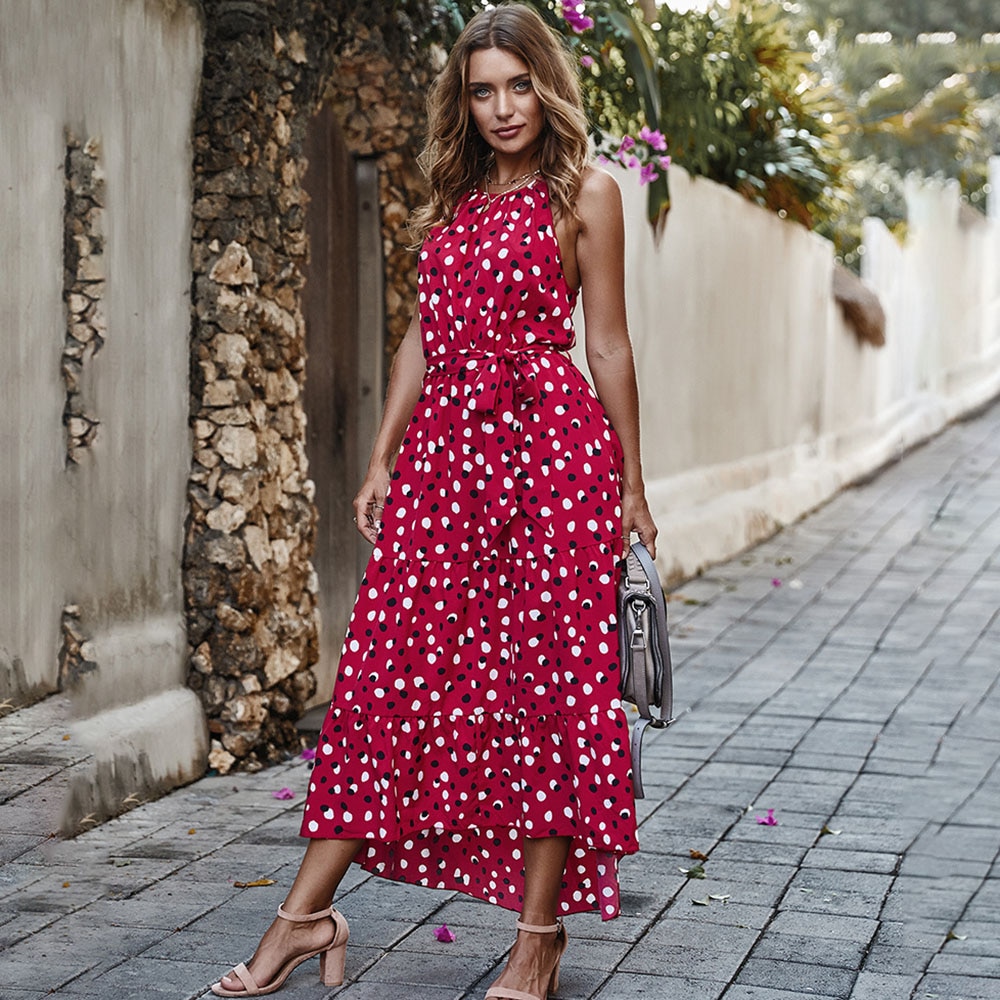 Las mujeres Polka Dot vestido largo vestidos de playa verano vestido Casual blanco vestido sin mangas por debajo de la rodilla 2021 rojo vacaciones de verano ropa para mujer Ranero Logistic
