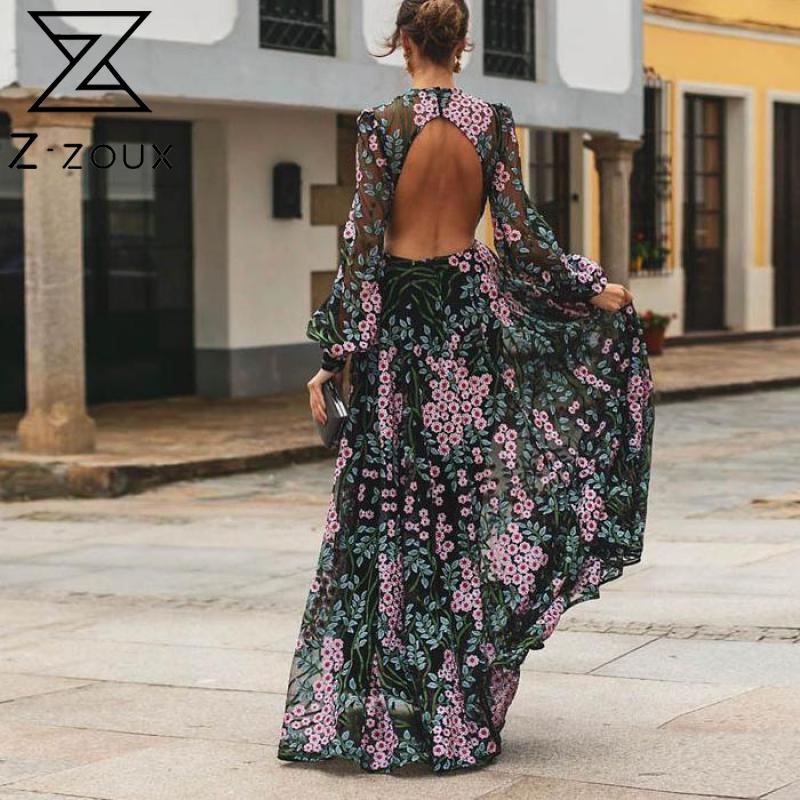 Z zoux vestido bordado de manga larga para mujer vestidos
