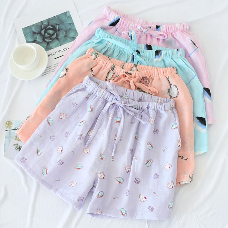 Pantalones cortos de algodón para mujer, de gasa doble, para dormir en casa, informales, para la playa, para verano