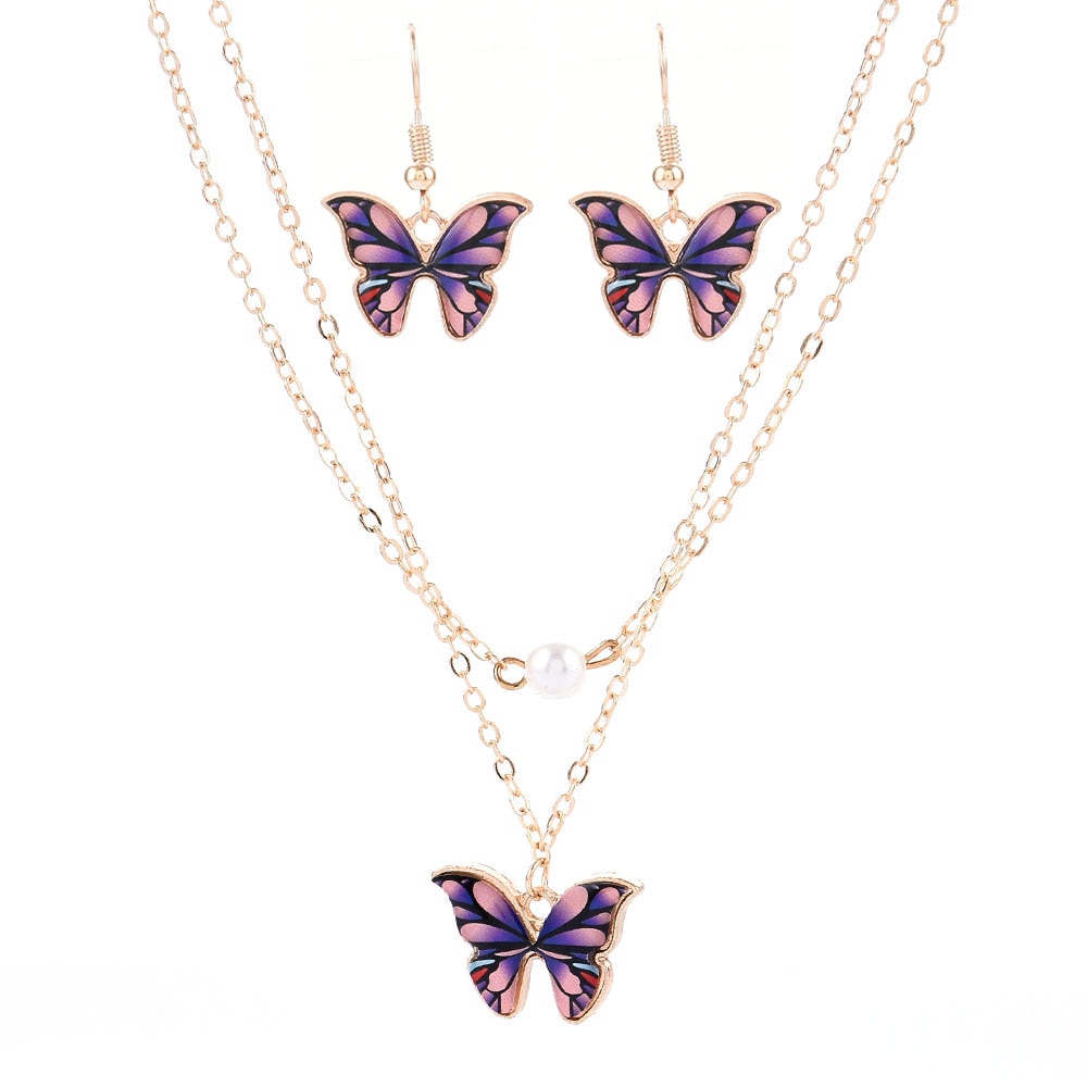 Yanqueen-Conjunto de collar con colgante de mariposa para mujer, juego de collar y pendientes de doble perla, a la moda