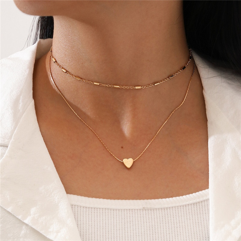 Yobest-collar sencillo de clavícula para mujer, cadena de Color dorado multicapa, colgante de corazón
