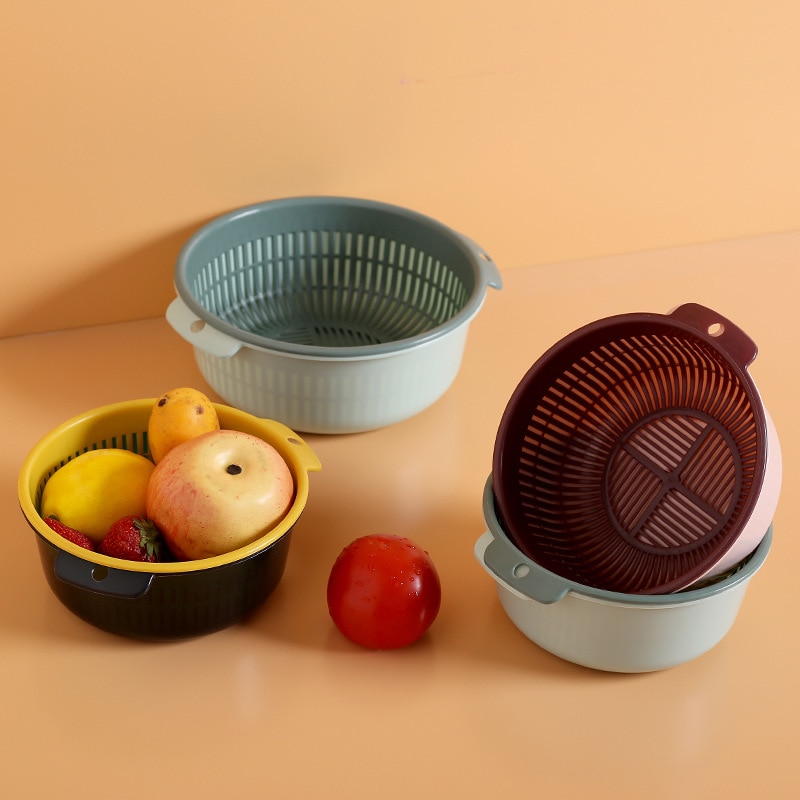 Cesta de limpieza de cocina para el hogar, escurridor de plástico doble con filtro, cesta de arroz, cuenco de fruta, cesta creativa con filtro de dos colores