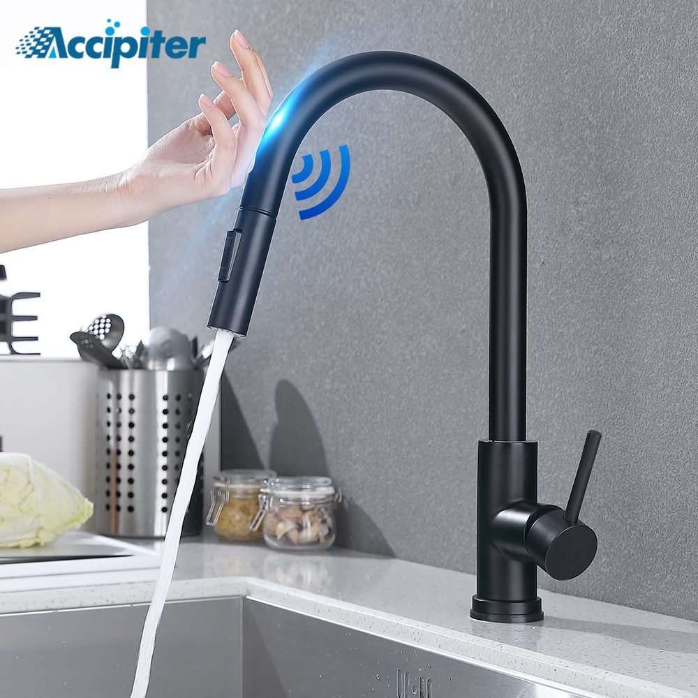 Grifo de cocina con sensor tactil grifo de cocina con ducha extraible griferia De induccion inteligente De acero inoxidabl grifo para lavabo giratorio 360 color negro Ranero Logistic
