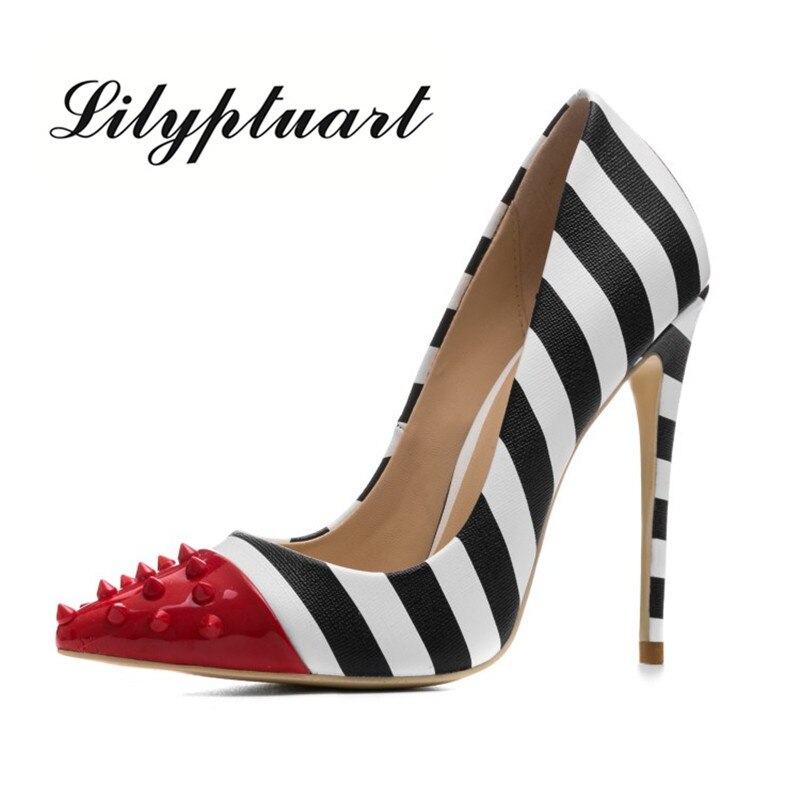 Lilyptuart-zapatos de tacón alto con tachuelas para mujer, de 12cm Stilettos, remaches de punta estrecha, para fiesta, de cebra, poco profundos, coloridos, 34-44