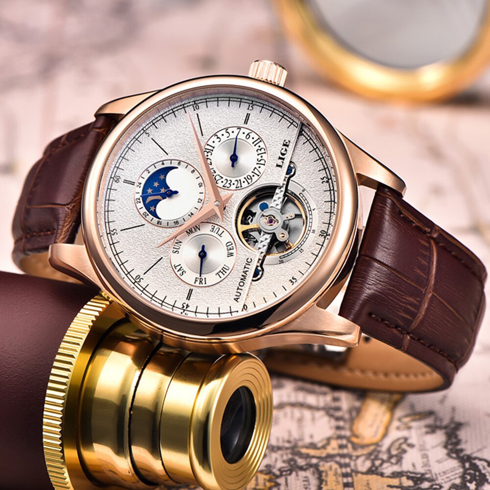 LIGE-reloj mecánico automático para Hombre, Tourbillon, deportivo, de cuero, de negocios, Retro, 2020