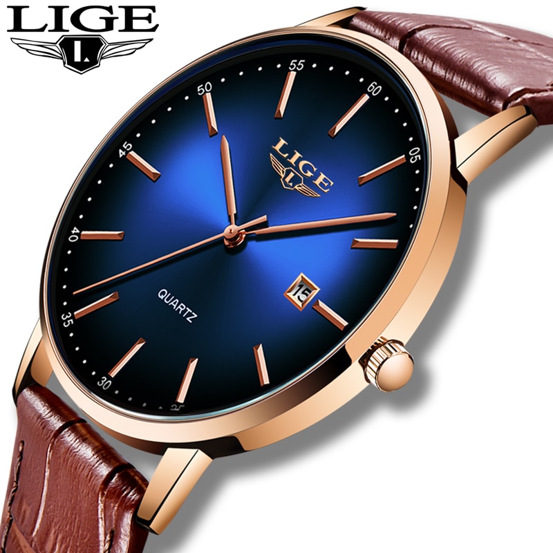 LIGE 2020-relojes casuales para hombre, de cuero dorado, de pulsera, deportivo, resistente al agua, de cuarzo, masculino