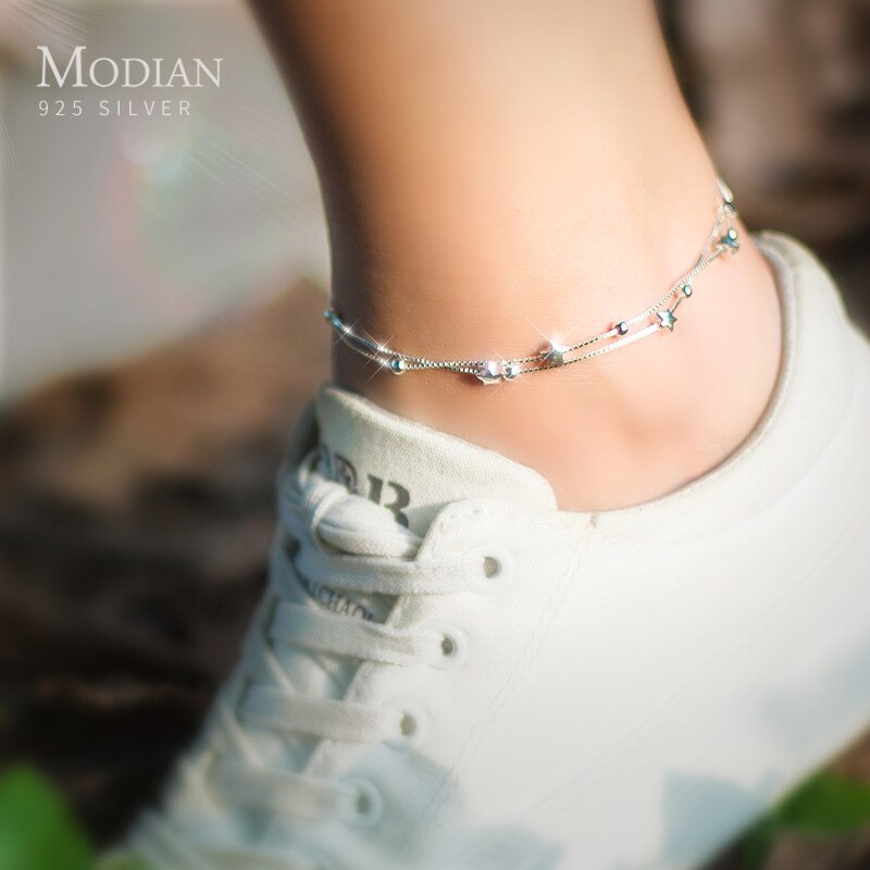 Modian-tobillera con cuentas de doble capa para mujer, de Plata de Ley 925 auténtica, pata de pie, joyería fina