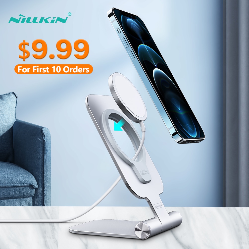 NILLKIN iphone soporte para iPhone 12mini 12 Pro Max plegable de aleación de aluminio magnético inalámbrico rápido de carga teléfono soporte