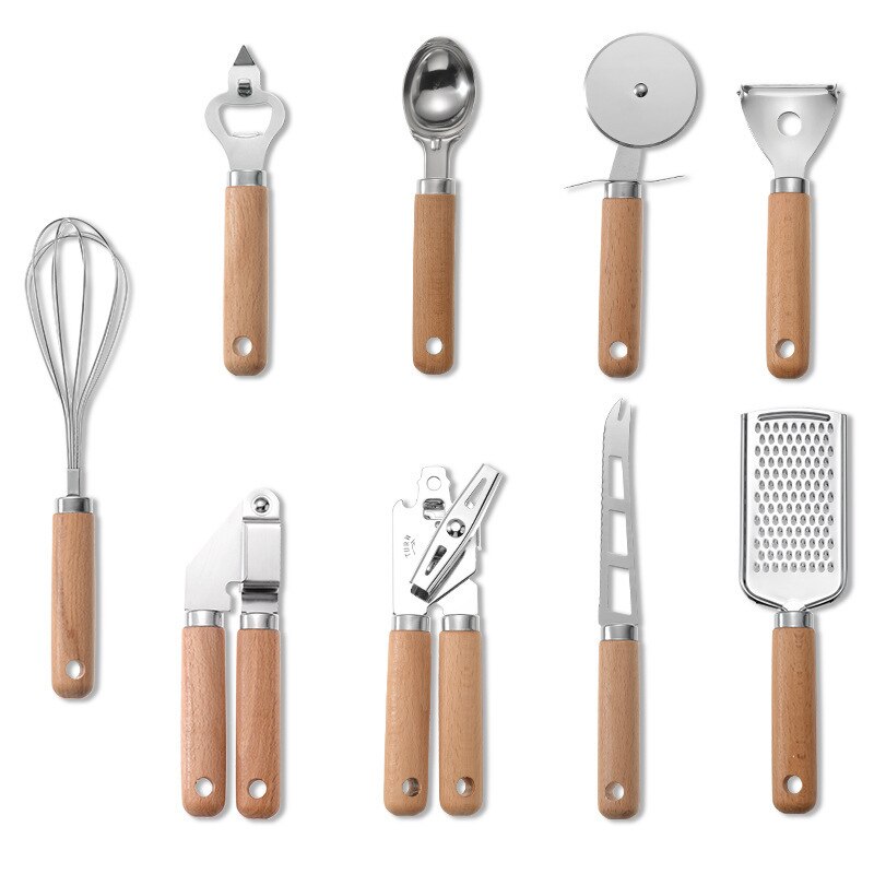 Utensilios de cocina creativos con mango de madera, utensilios de cocina pequeños de acero inoxidable, batidor de mano hornear, cuchillo de queso, cepillador