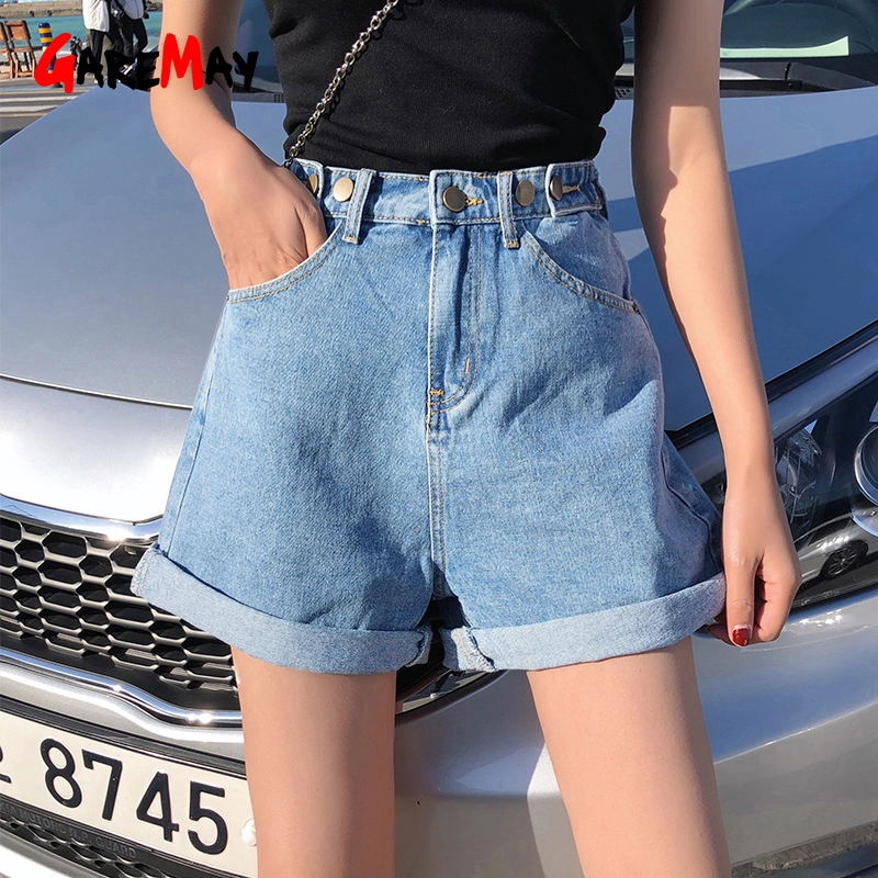 Garemay-pantalones cortos de tela vaquera para mujer, clásicos, Vintage, de cintura alta, azul ancho, pierna Caual, para verano