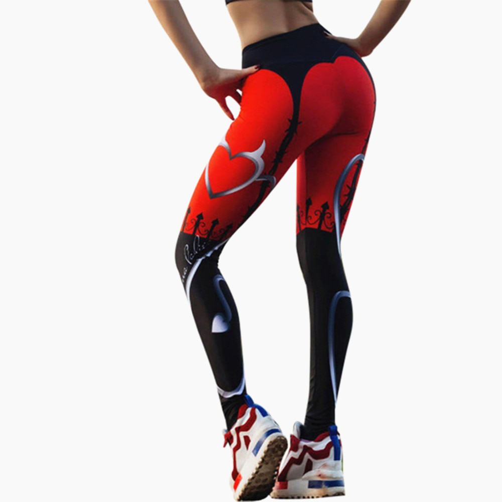 Novedad en mallas Sexy con estampado de corazón para mujer, pantalones deportivos de retales rojos y negros, mallas deportivas estampadas de moda para mujer