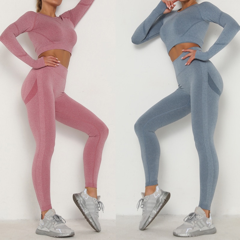 Mujeres Vital ropa de gimnasio sin costura Fitness Leggings + Camisetas recortadas traje de deporte mujeres establece chándal de manga larga traje de desgaste activo