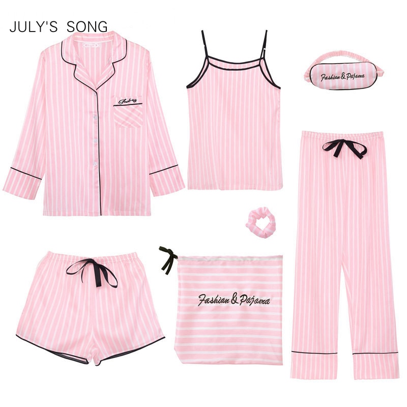 Conjuntos de pijamas de 7 piezas de JULY'S SONG Pink para mujer, pijama rayada de seda con emulación, ropa de dormir para mujer, conjuntos para primavera, verano y otoño