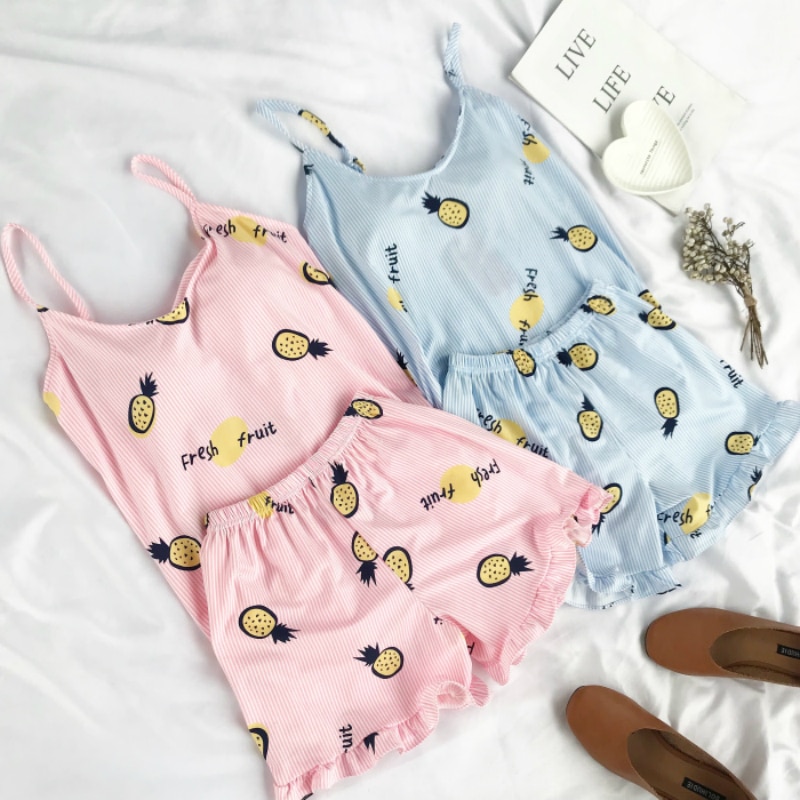 Juego de pijama FallSweet con estampado de verano para mujer, ropa de dormir de algodón para niñas, lencería Sexy sin mangas, conjunto de dos piezas