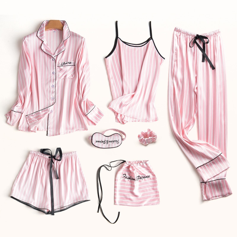 Conjunto de pijamas Sexy de verano para mujer, pijamas de seda con flores, camisero sexi de manga larga para mujer, ropa de dormir a rayas con bordado a mano