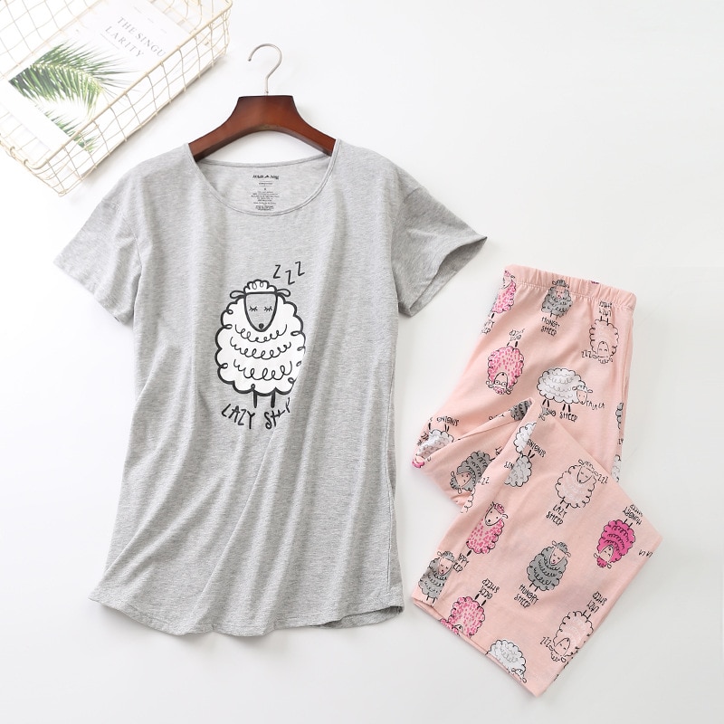 Conjunto de pijama de algodón de manga corta, camiseta de pantalón largo 2 unid/set, pijama Sexy de verano, ropa de dormir de talla grande para mamá y hogar