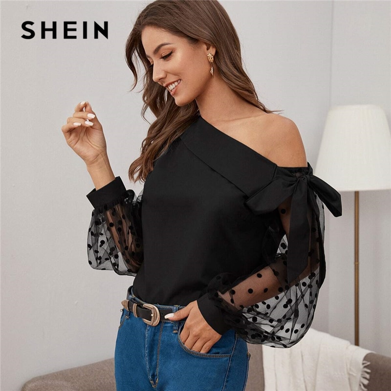 SHEIN Knot asimétrico, cuello doblado, linterna de punto, manga de malla, Top blusa para mujer, Primavera Verano, puro, glamuroso, blusas de fiesta