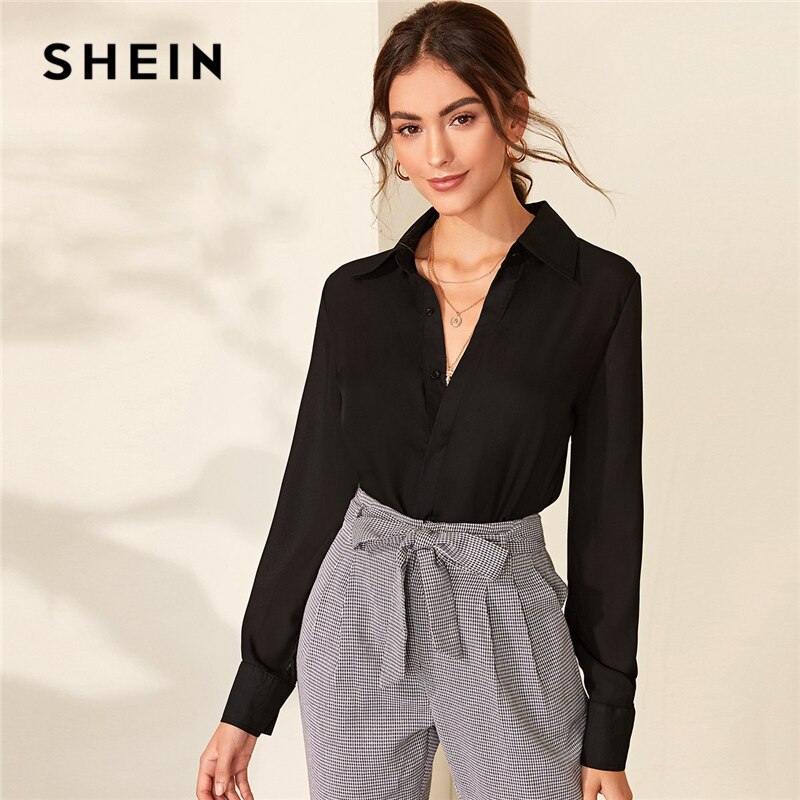 SHEIN, blusa informal de media solapa lisa con Cuello de camisa para mujer, Tops de otoño 2019, blusas de oficina con botones de manga larga