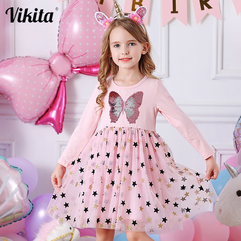 VIKITA, vestido de otoño para niñas, lentejuela mariposa, vestidos de manga larga para niños, vestido de princesa para niñas, ropa de fiesta, vestidos de cumpleaños