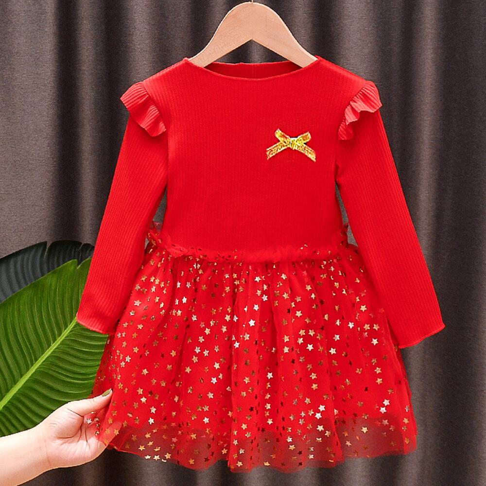 vestido tejido de princesa roja, Rosa, con bonita estrella, manga larga, 2, 3, 4, 5, 6 años de cumpleaños