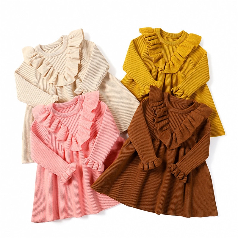Vestidos de bebé para niñas, Otoño Invierno, manga larga, vestido tejido de princesa, cuello de hoja de loto, vestido cálido, ropa de bebé para niñas