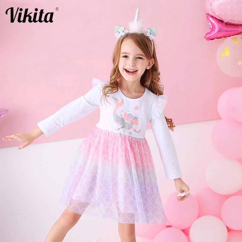 VIKITA niños niñas ropa de niños de manga larga de dibujos animados sirena princesa vestido Otoño Invierno niñas princesa vestido niños ropa