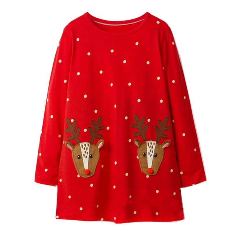  Vestido de manga larga con aplique de venado para niños, vestido rojo de lunares, vestido de regalo de Navidad para niña