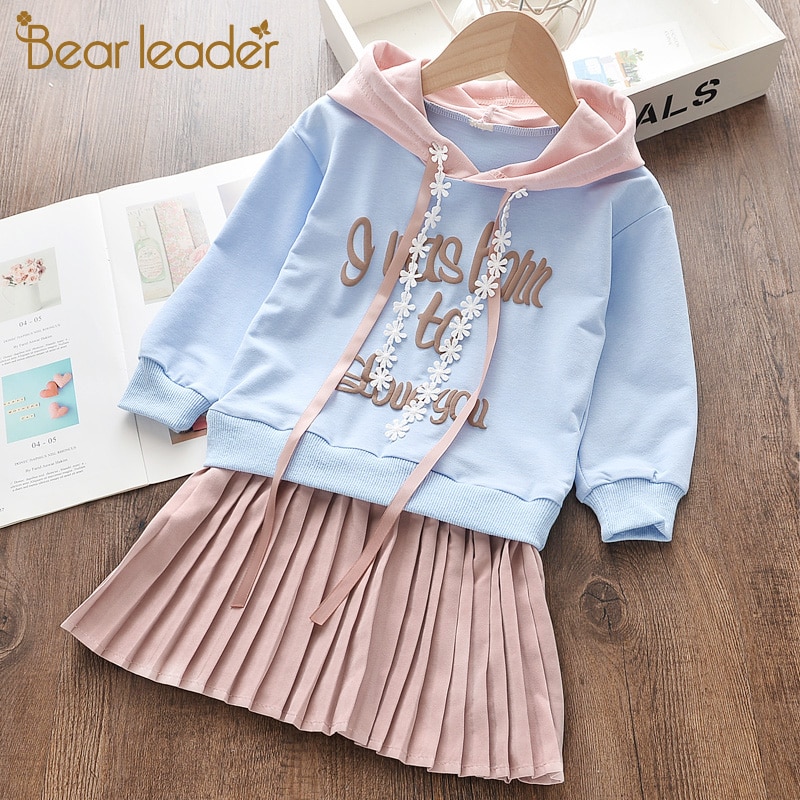 Vestido de las muchachas del líder del oso 2020 nuevo Vestido ocasional de los niños de la manga larga de la línea de forma de A de volantes de la primavera para el Vestido de la letra del otoño de 3T-7T