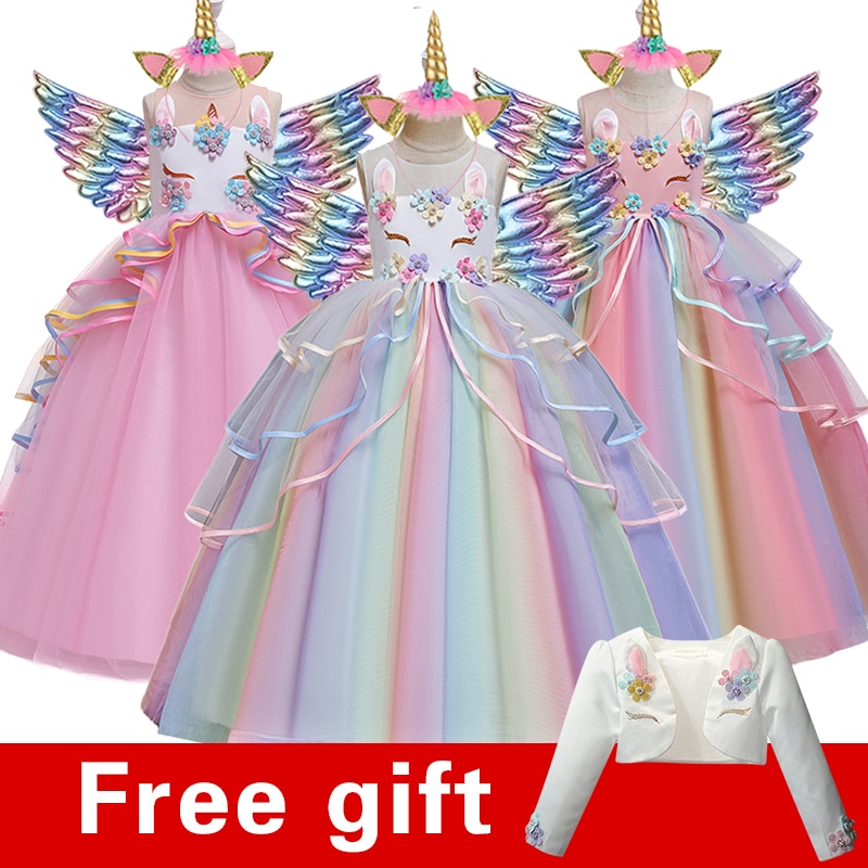 Vestido de fiesta de boda con arco iris de unicornio para niña con flores