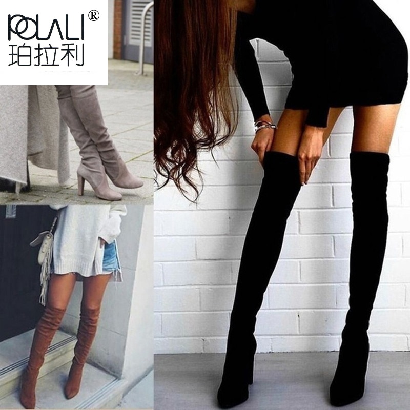 POLALI, novedad de 2020, piel aterciopelada, botas por encima de la rodilla con cordones, zapatos de tacón alto sexis para otoño, zapatos de mujer para invierno, talla 34-43