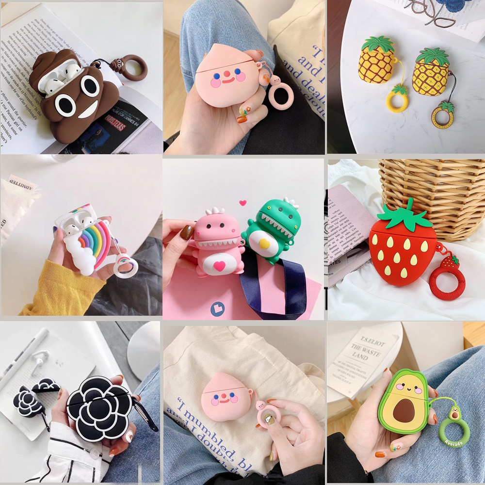 Funda de dibujos animados para AirPods 2, funda blanda bonita para Apple Airpods 1 y 2, funda bonita con dibujos de fresa, aguacate y melocotón, funda con ganchos