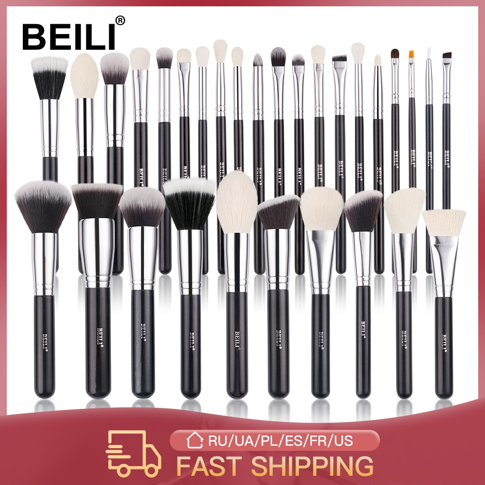 Conjunto de negras brochas maquillaje BEILI, brochas profesionales de pelo Natural de cabra, brochas para base de maquillaje en polvo, brochas para mezclar ojos y maquillaje