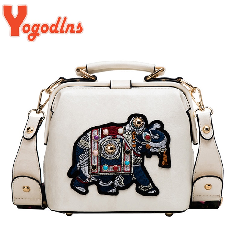 Yogodlns-Bolso de hombro de lujo para mujer, bandolera de cuero PU, bolso con elefante bordado Vintage, de diseñador