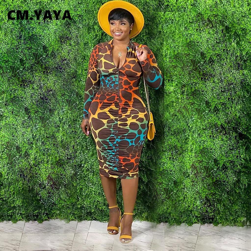 CM.YAYA-vestido Midi con estampado de leopardo para mujer, vestidos drapeados acanalados con cremallera, cuello vuelto, manga larga