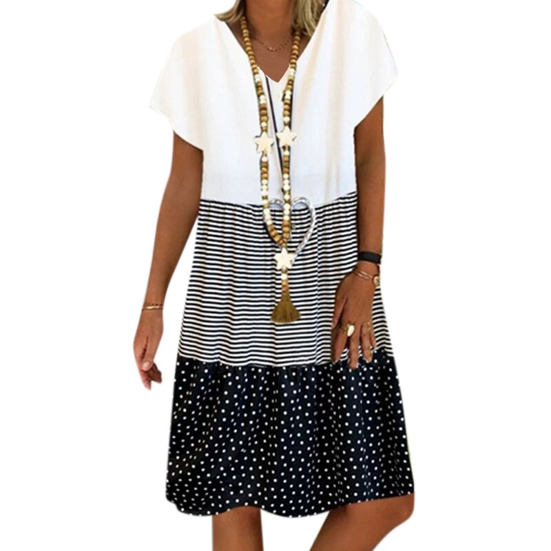 Vestido holgado informal de verano con rayas y lunares, traje de talla grande para mujer, cuello en V, 2020