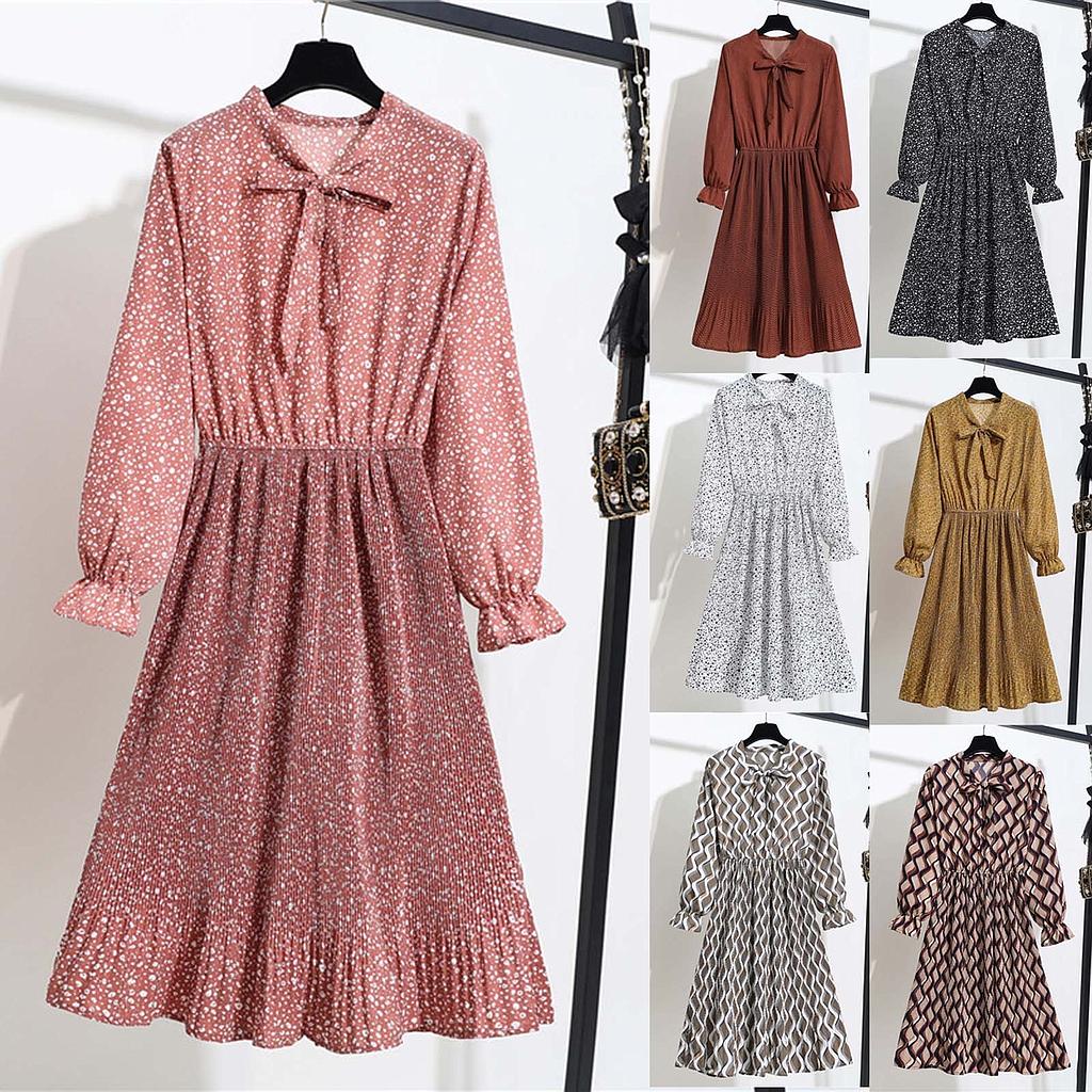 Vestido ajustado de gasa de manga larga para mujer, estampado con lazo y cuello levantado Vintage, elegante vestido de fiesta liso, vestido de mujer