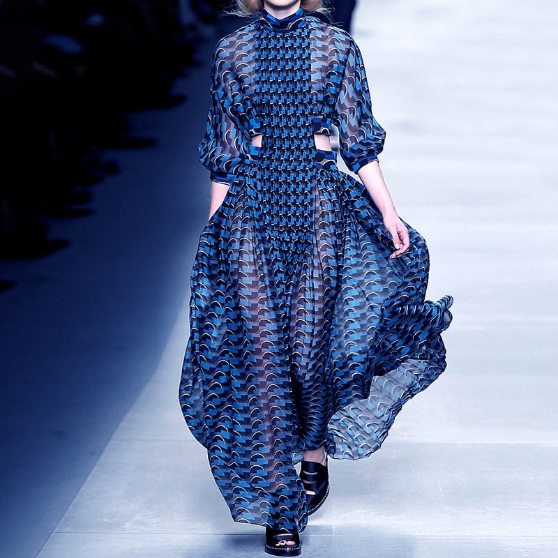Vestido de fiesta de rayas impresas para mujer, vestidos de pasarela a la moda, Maxi con cuello alto y cintura hueca, color azul, 2021