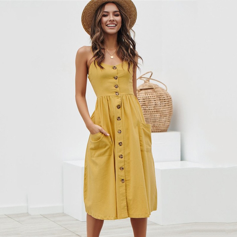 Vintage Casual Vestido Mujer, Vestido de playa Midi botón vestido Polka Dot rayas vestido de las mujeres de verano 2020 Boho Floral Sexy vestido