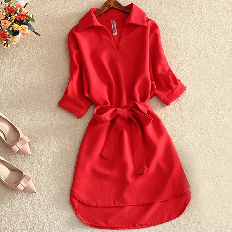 Vestido informal de verano de gasa color rojo liso con fajas, Túnica, mujer, 2020