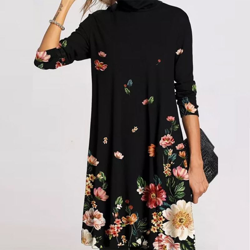 Otoño Invierno de las mujeres de manga larga de cuello alto suelto Mini vestido Casual elegante T camisa vestido de talla grande Vintage caliente impresión vestidos