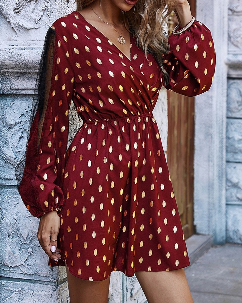Vestido corto informal de encaje con manga larga para otoño, minivestido ceñido con lunares para mujer, cuello en V, costura de retazos