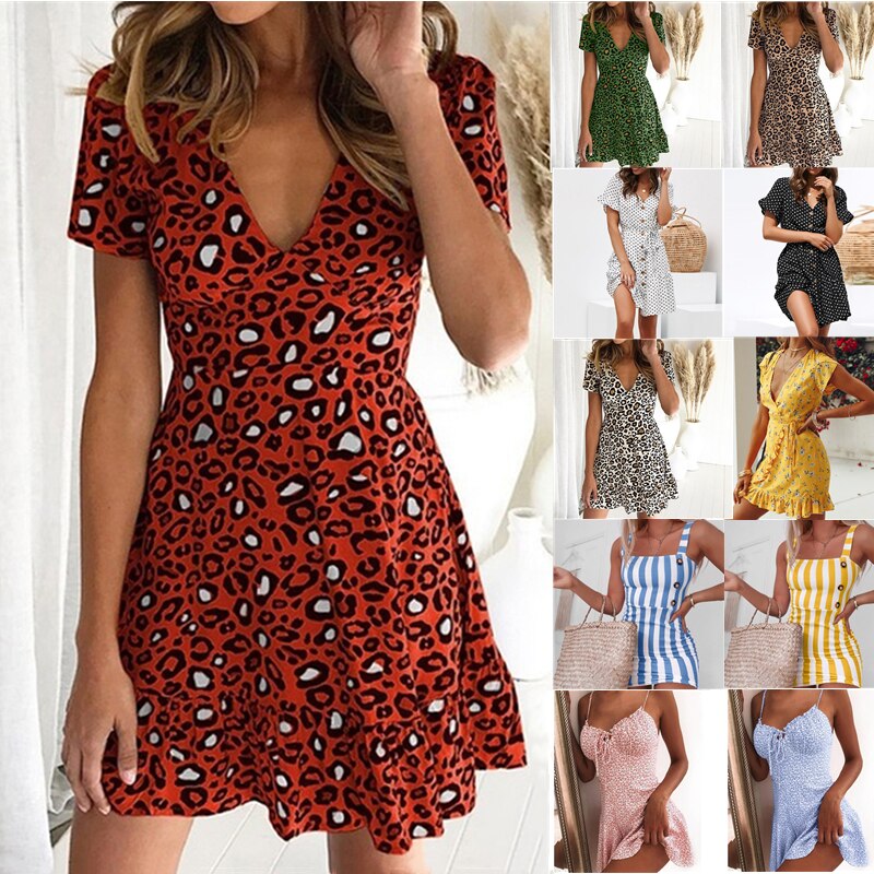 Vestido con estampado de leopardo de verano con volantes de manga corta con cuello en V para fiesta de noche dulce Vestido de playa 2020 verano